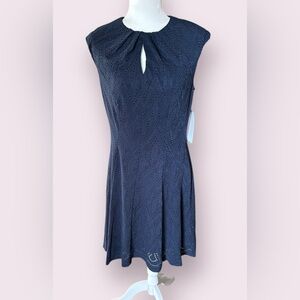 LONDON TIMES Navy Blue Eyelet Poly Knit Dress. Lined. Size: Med. NWT. $29.